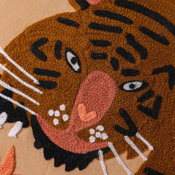 Roar embroidered cotton duck cushion cover by Obeetee - texture detail