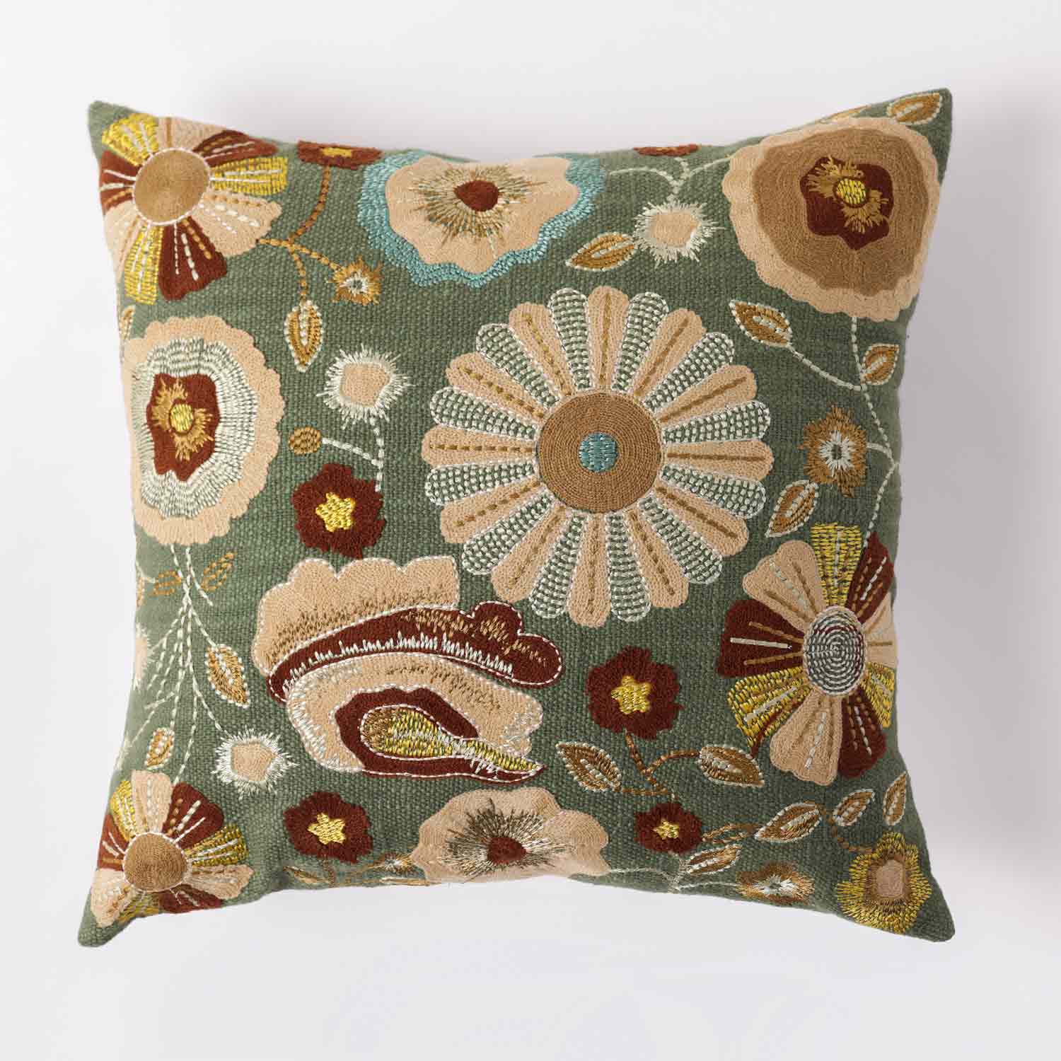 Forest Slub Dyed and Embroidered Cotton Cushion Cover