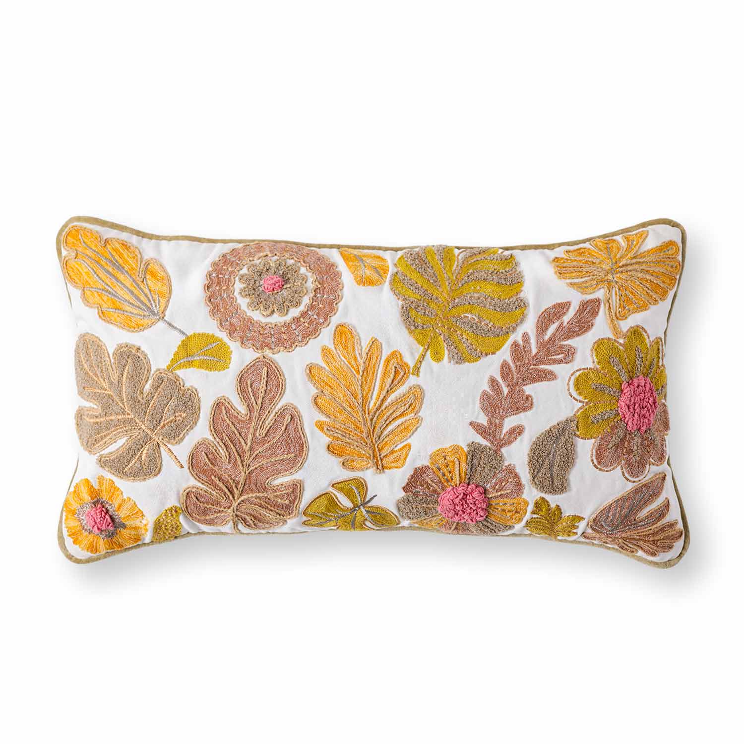 Mimosa Embroidered Cotton Chambray Lumbar Cushion Cover with Dori Piping