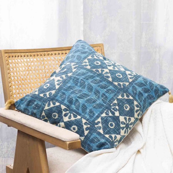 Indigo Dabu printed cotton slub cushion cover by Obeetee - full view