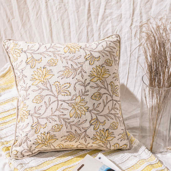Flora block printed cotton cushion cover by Obeetee - full view