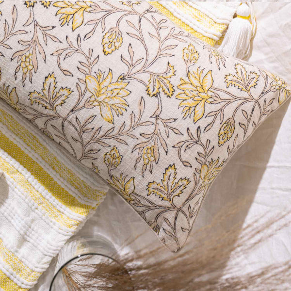 Flora block printed cotton lumbar cushion cover by Obeetee - full view