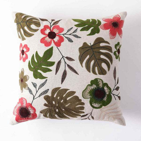 Fern cotton slub embroidered cushion cover by Obeetee - detail view