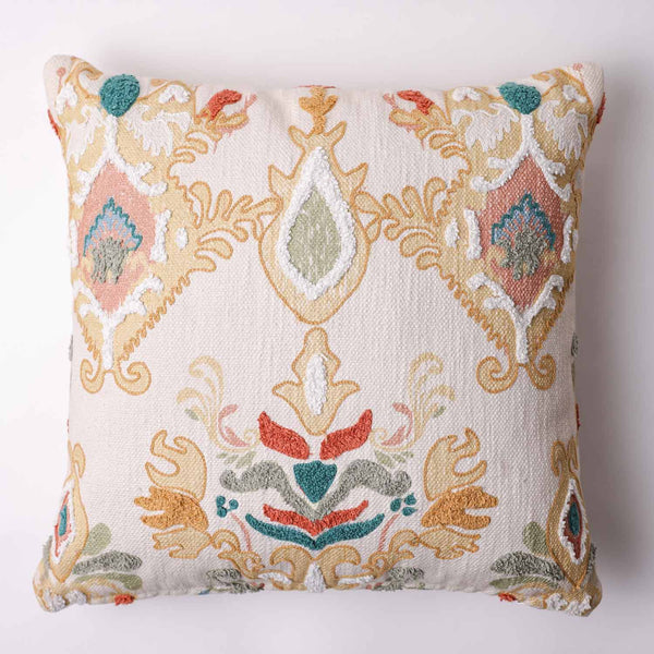 Damask printed and embroidered cotton cushion cover by Obeetee - detail view