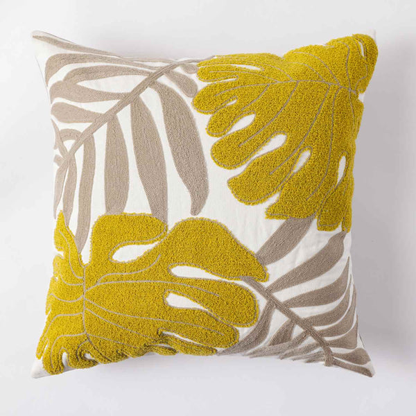 Citrine cotton embroidered cushion cover with dori piping by Obeetee - detail view