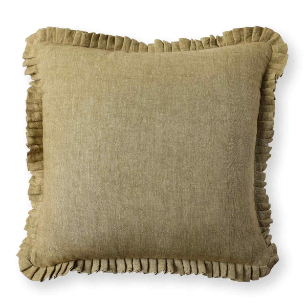 Olive dyed linen cushion cover with frills by Obeetee - styled view