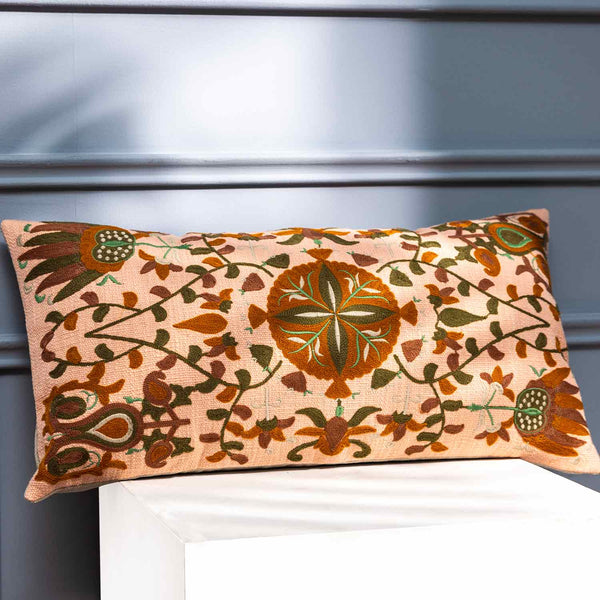 Bukhara cotton slub embroidered lumbar cushion cover by Obeetee - full view