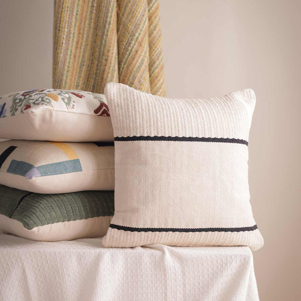 Striplaid Monochrome hand woven cotton cushion cover by Obeetee - full view