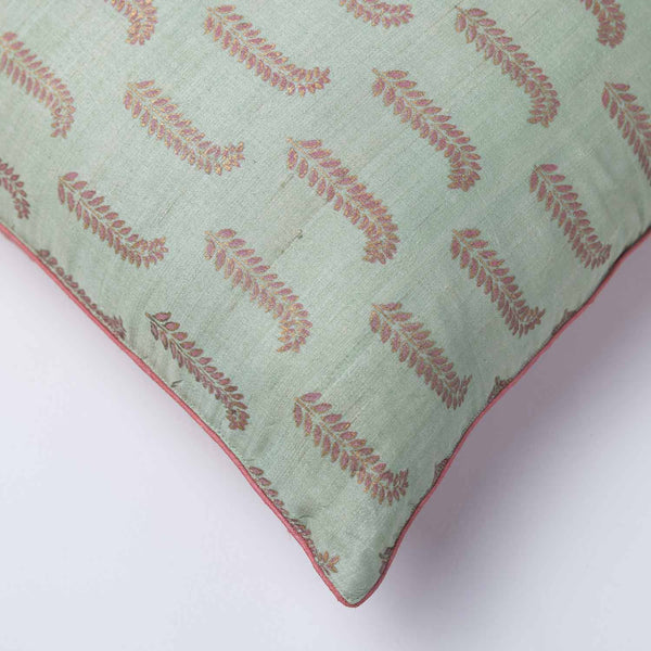 Resham silk block printed and gold printed cushion cover by Obeetee - angle view