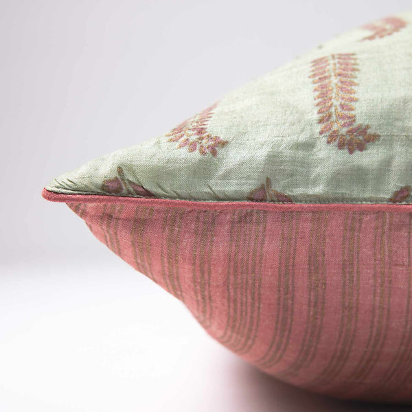 Resham silk block printed and gold printed cushion cover by Obeetee - styled view