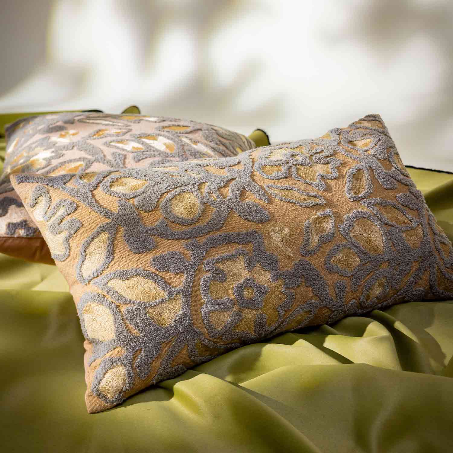 Pattika Cotton and Silk Embroidered Lumbar Cushion Cover