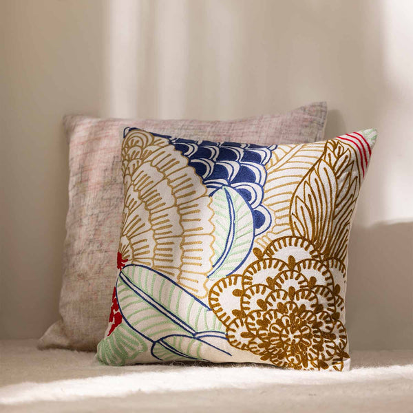 Wildscape chambray cotton embroidered cushion cover by Obeetee - full view