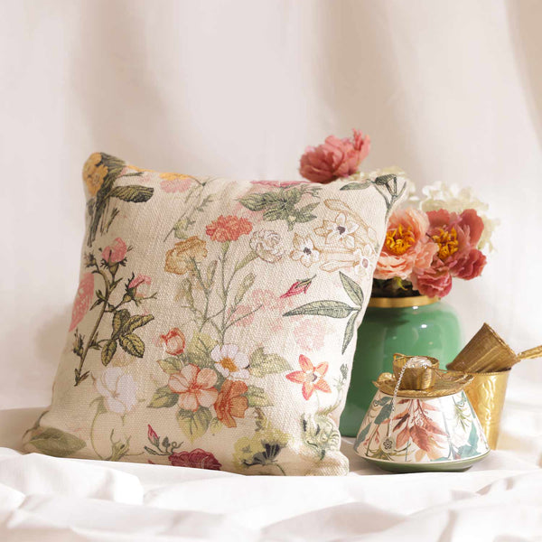 Garden Floral digital printed cotton cushion cover by Obeetee - full view