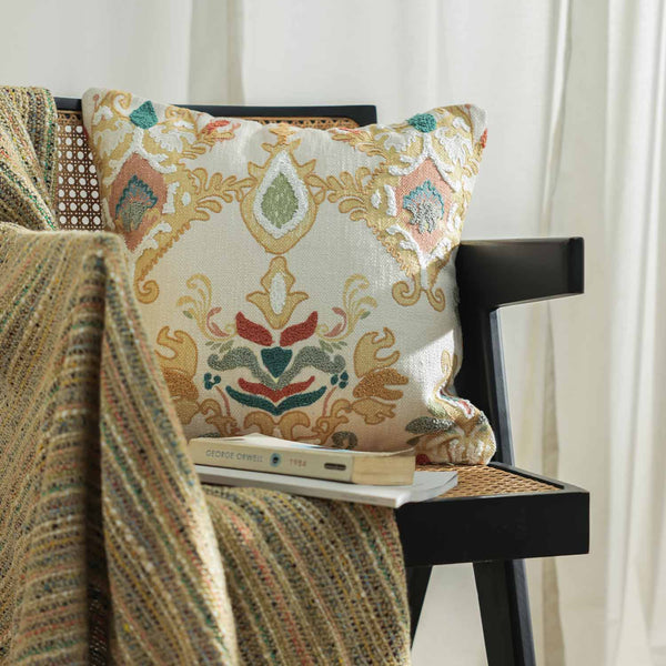 Damask printed and embroidered cotton cushion cover by Obeetee - full view