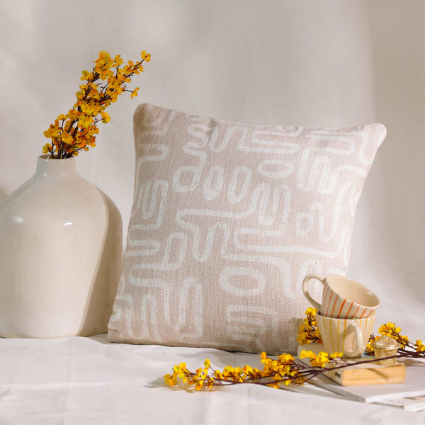 A-Maze Beige digital printed cotton cushion cover by Obeetee - full view