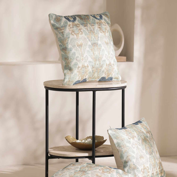 Jharokha Ikat digital printed cotton cushion cover by Obeetee - styled view