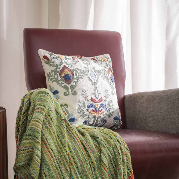 Damask Green printed and embroidered cotton cushion cover by Obeetee - styled view