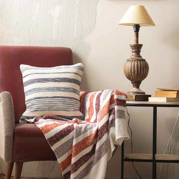 Cosmos Blue striped digital printed cotton cushion cover by Obeetee - full view