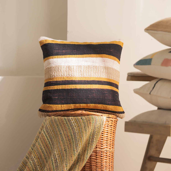 Honeybun hand woven striped cotton cushion cover by Obeetee - styled view