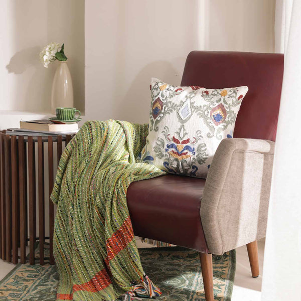 Damask Green printed and embroidered cotton cushion cover by Obeetee - full view