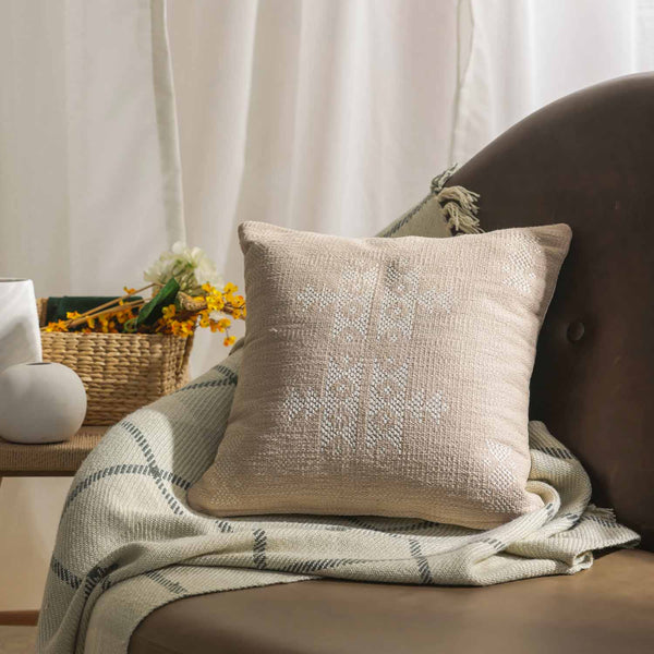 Nazakat hand woven beige cotton cushion cover by Obeetee - full view
