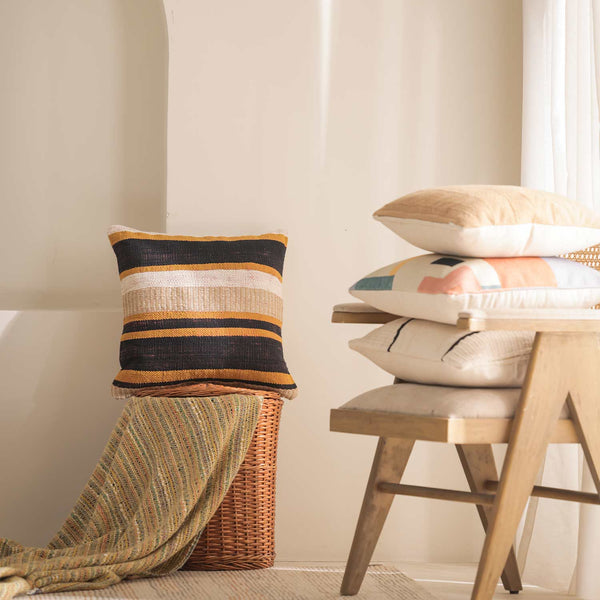 Honeybun hand woven striped cotton cushion cover by Obeetee - full view