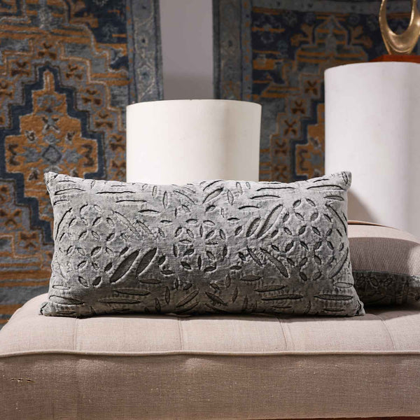 Nessie cutwork velvet lumbar cushion cover by Obeetee - full view