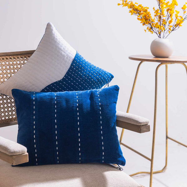 Indigo Kantha rag stitch cushion cover by Abraham and Thakore for Obeetee - full view