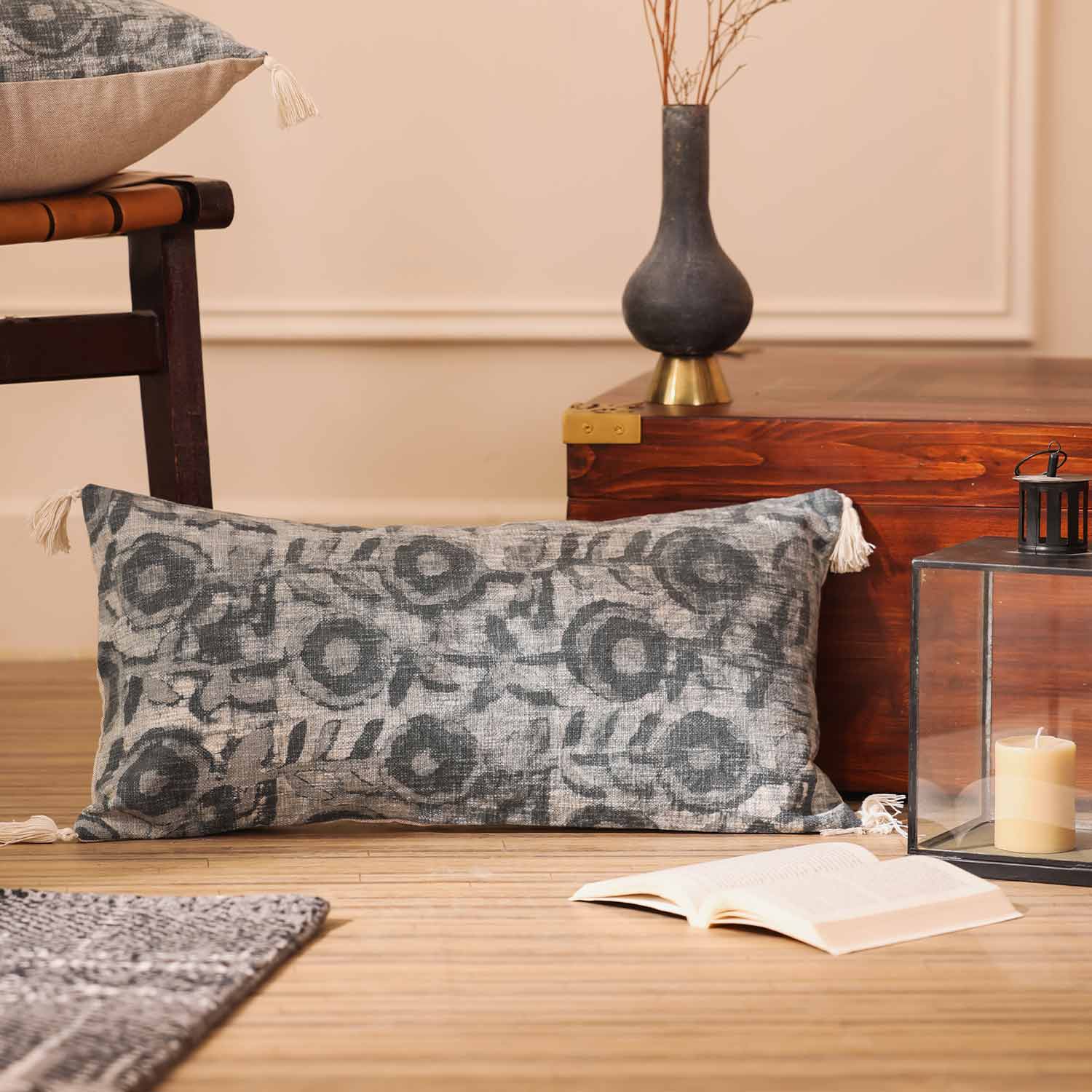 Indigo Blossom Dabu Block Printed Lumbar Cushion Cover with tassels
