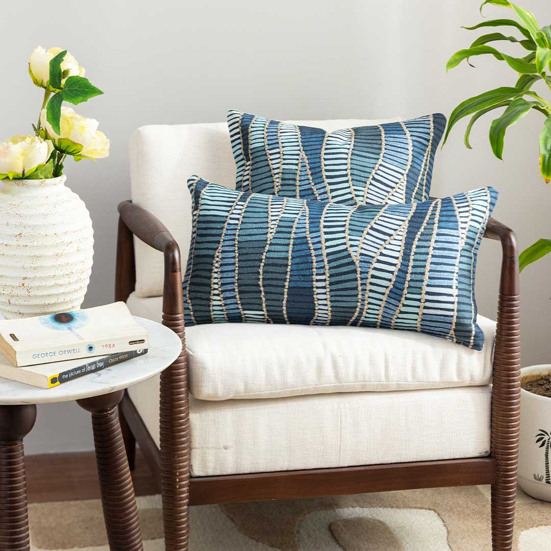 Cobalt Echoes Digital Printed Cotton Lumber Cushion Cover