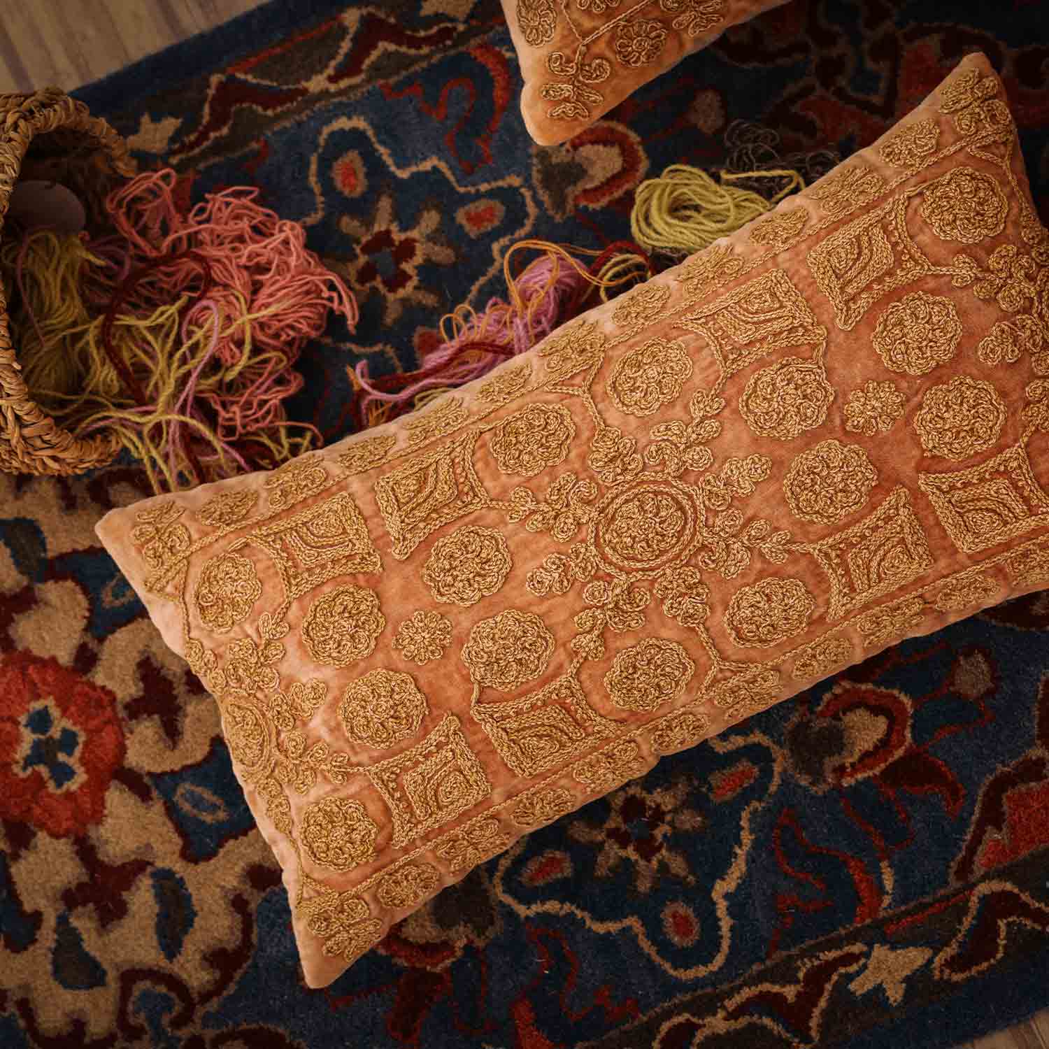 Rosewell Cotton Velvet Chikan Embroidered Lumbar Cushion Cover