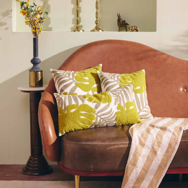 Citrine cotton embroidered cushion cover with dori piping by Obeetee - full view