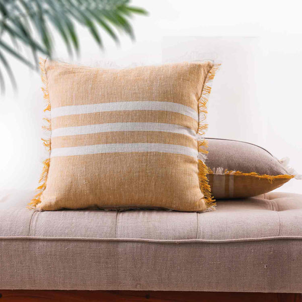 Shine striped linen cushion cover with fringe by Obeetee - full view