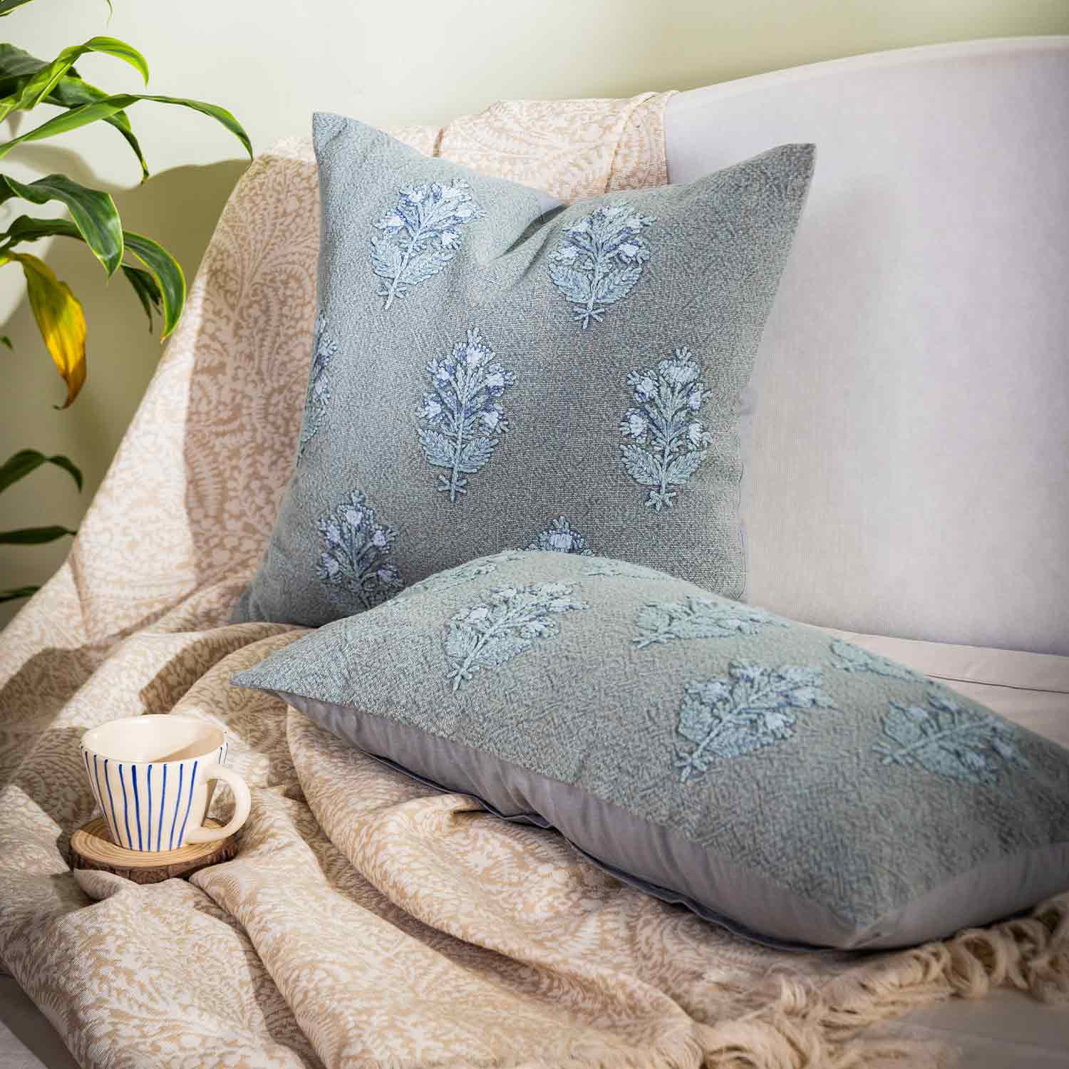 Cotton Embroidered Sapling Lumbar Cushion Cover