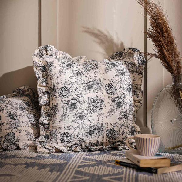 Blossom digital print with Kantha embroidery cushion cover by Obeetee - full view