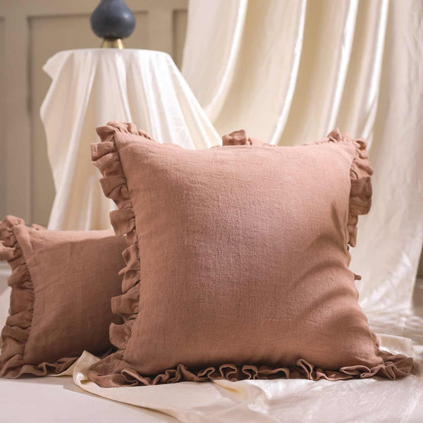 Shalome linen solid cushion cover with frill details by Obeetee - full view