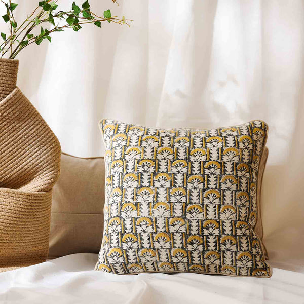 Bouquet block printed cotton cushion cover with dori piping by Obeetee - full view