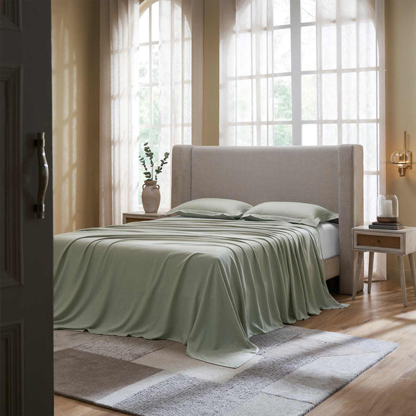 Orelle linen bedsheet set by Obeetee - styled view