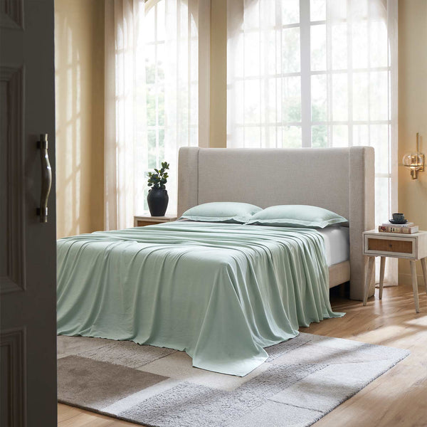 Azure linen bedsheet set by Obeetee - styled view