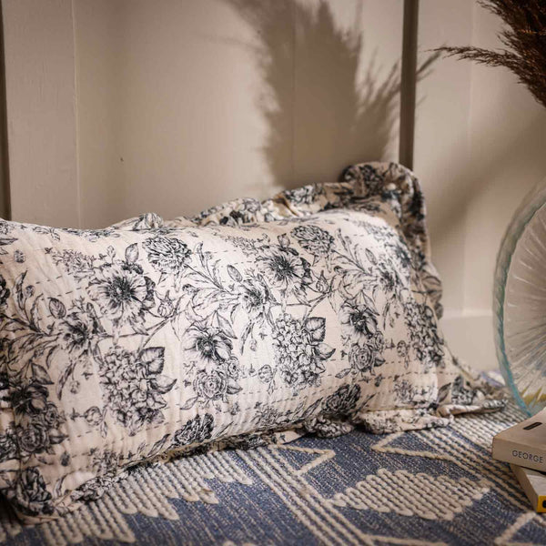 Blossom digital print with Kantha embroidery lumbar cushion cover by Obeetee - full view