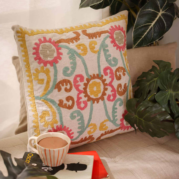 Bohobloom cotton linen machine embroidered cushion cover by Obeetee - full view
