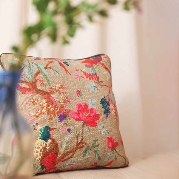 Parinda digital printed handloom cotton cushion cover by Obeetee - styled view