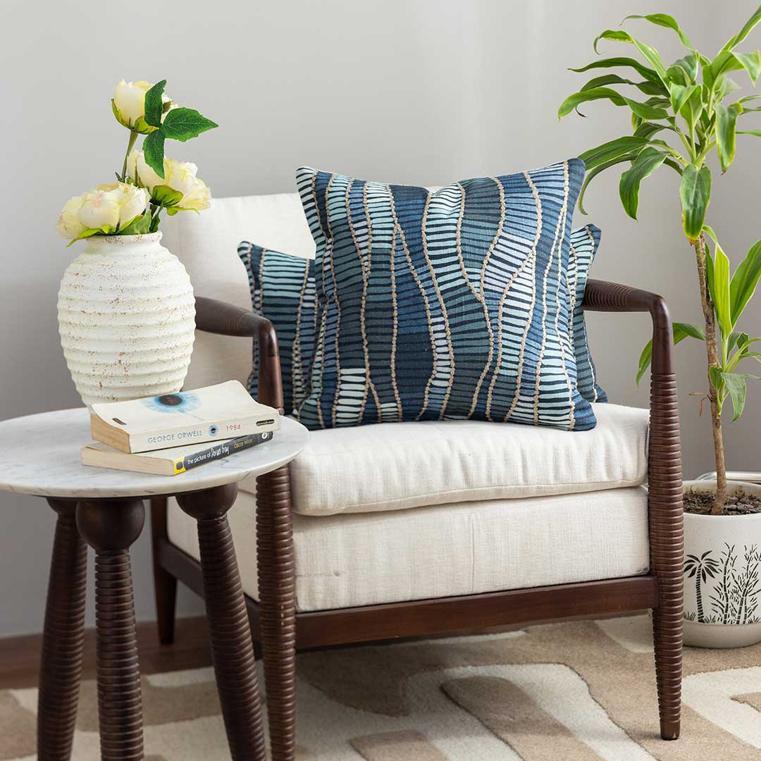 Cobalt Echoes Digital Printed Cotton Cushion Cover