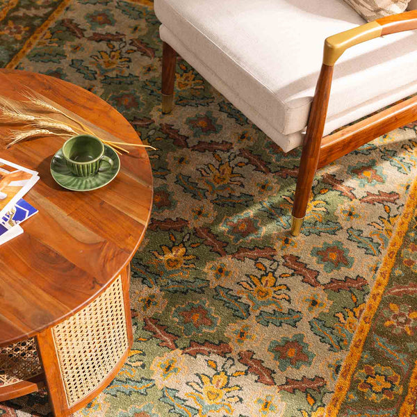 Khitan hand tufted woollen rug from Silk Route by Obeetee - styled view