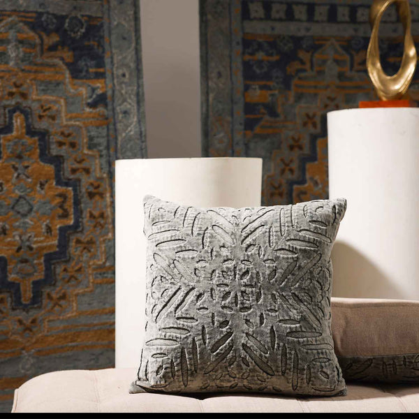 Nessie cutwork velvet cushion cover by Obeetee - full view
