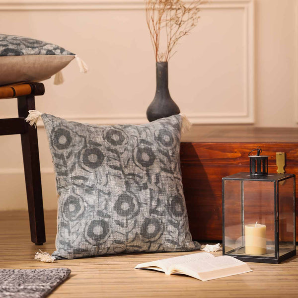 Indigo Blossom Dabu block printed cushion cover with tassels by Obeetee - full view