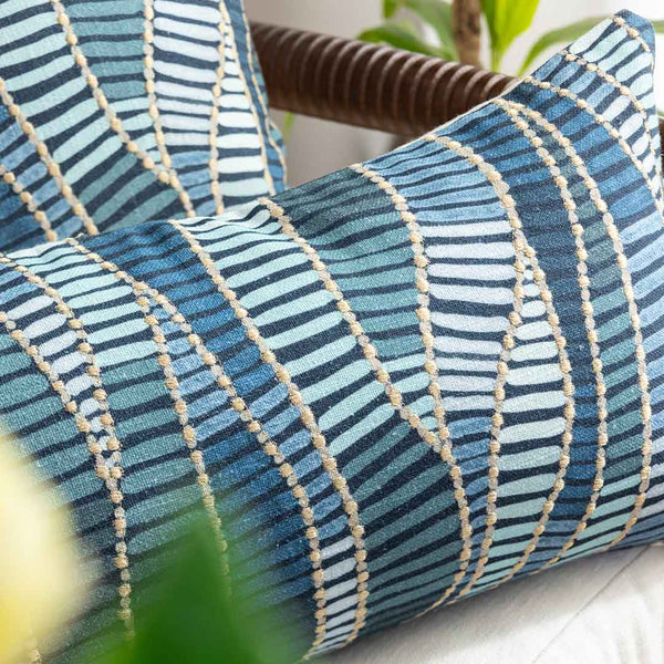 Cobalt Echoes lumbar cushion cover by Obeetee - styled view