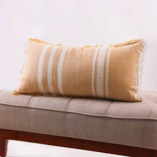 Shine striped linen lumbar cushion cover with fringe by Obeetee - full view