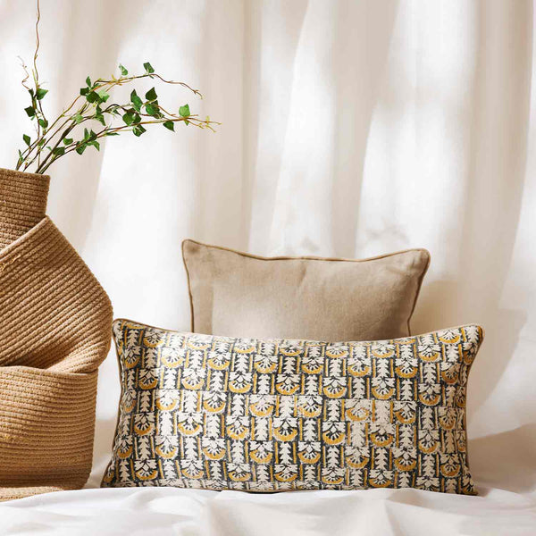 Bouquet block printed cotton lumbar cushion cover with dori piping by Obeetee - full view