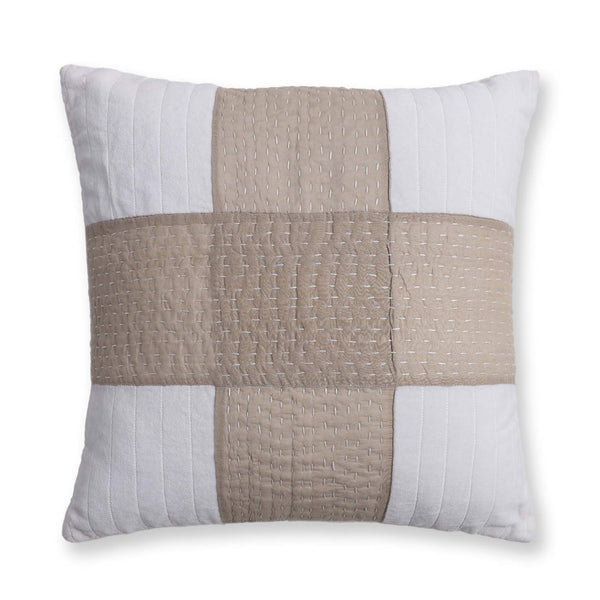 Quilted cushion cover with Kantha stitch patchwork by Abraham and Thakore for Obeetee - detail view